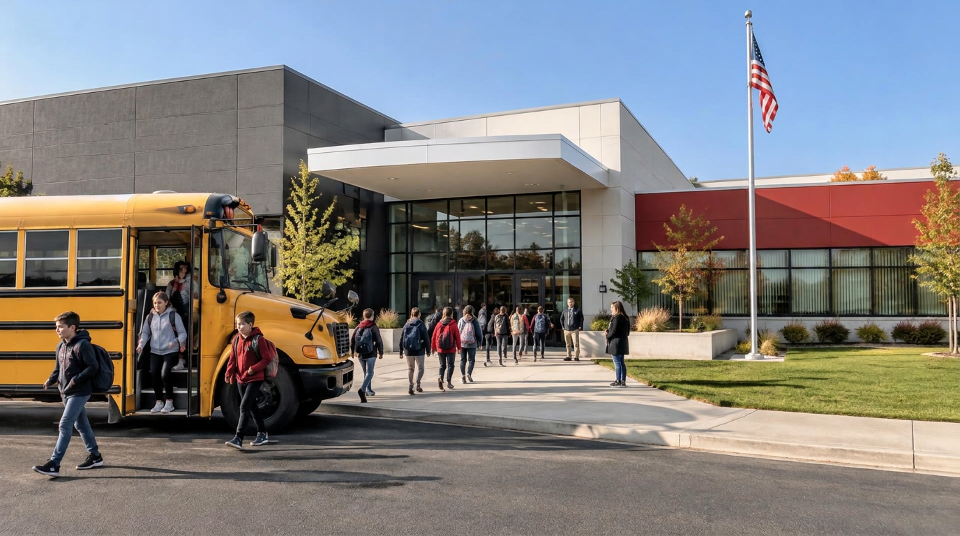 Students stepping off a yellow school bus while others walk into the school